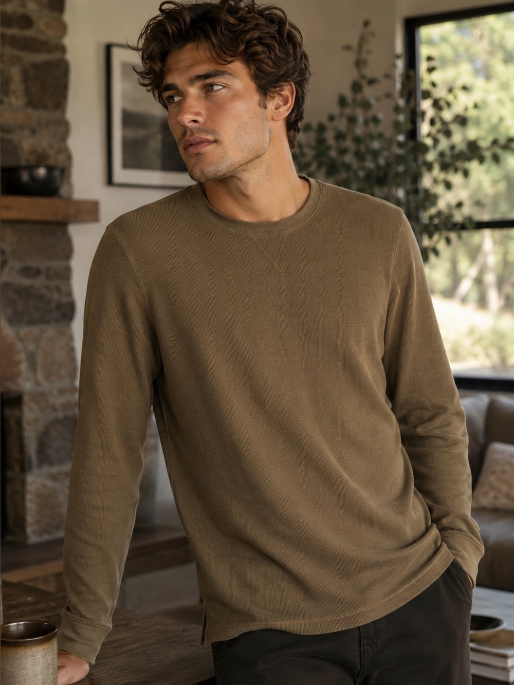 Treasure & Bond Waffle Knit Thermal Shirt Olive Green M